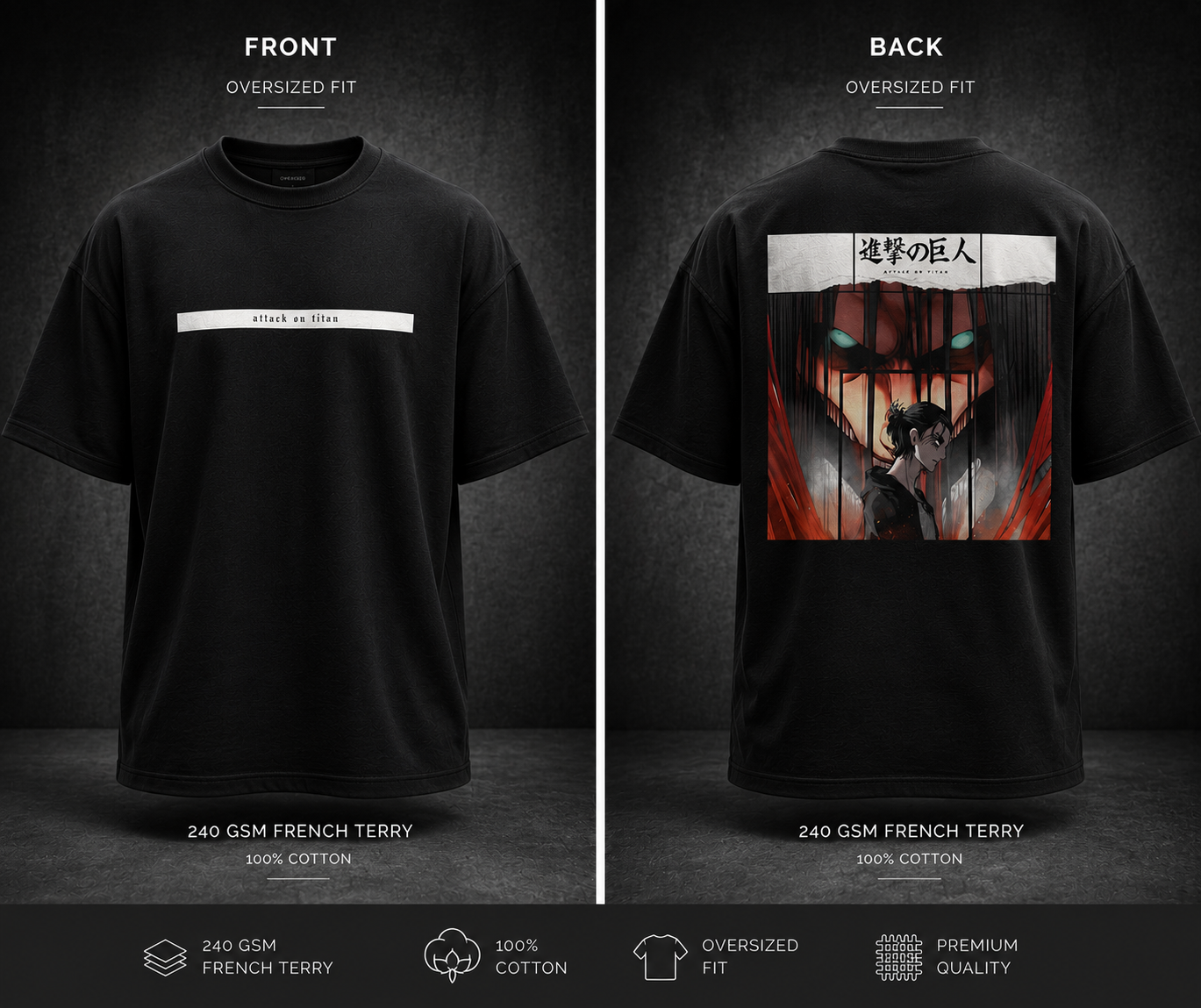 Attack on Titan Oversized Graphic T-Shirt | 240 GSM French Terry Cotton | Anime Streetwear (Black)