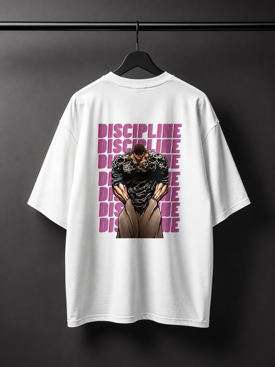 Discipline Oversized Graphic T-Shirt | 240 GSM French Terry Cotton | Anime Streetwear (White/Black)