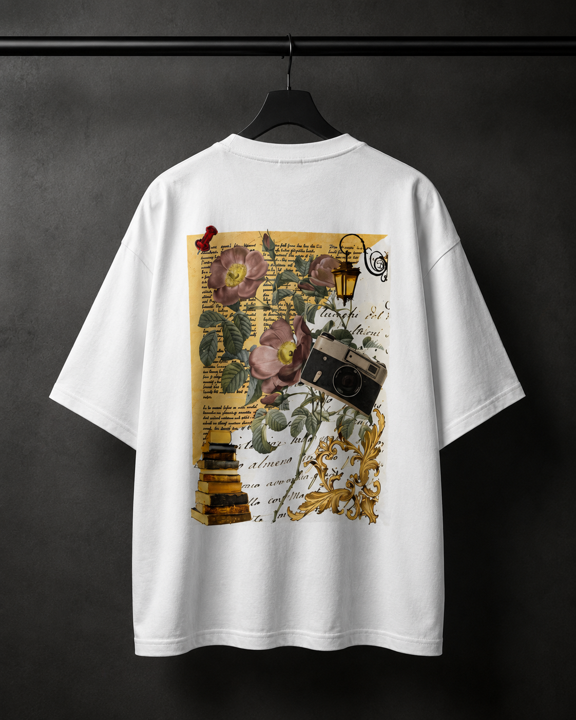 Vintage Bloom Oversized Graphic T-Shirt | 240 GSM French Terry Cotton | Retro Floral Camera Aesthetic Streetwear (White)