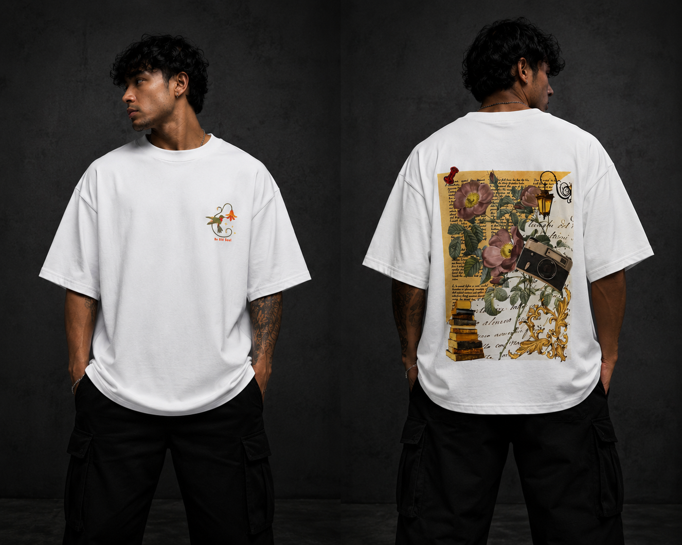 Vintage Bloom Oversized Graphic T-Shirt | 240 GSM French Terry Cotton | Retro Floral Camera Aesthetic Streetwear (White)