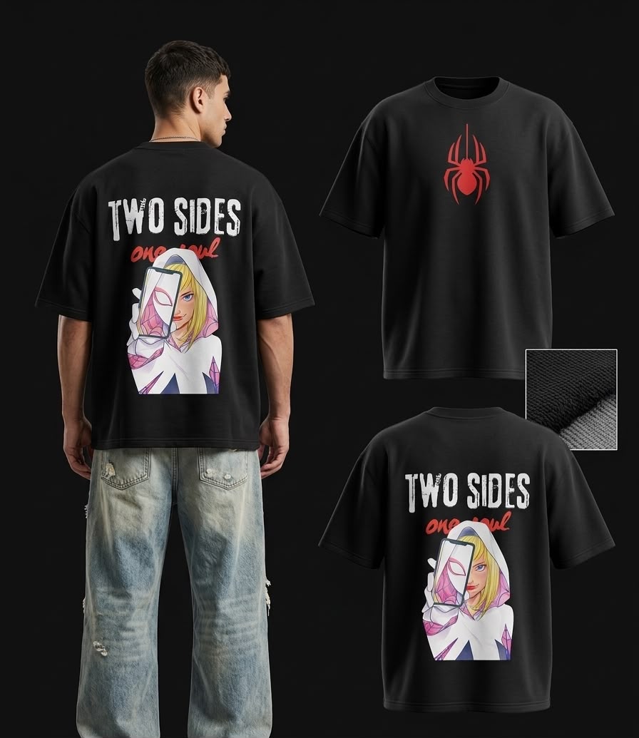 Spidy & Ghost Spider Oversized Graphic T-Shirt | 240 GSM French Terry Cotton | Black Anime Streetwear