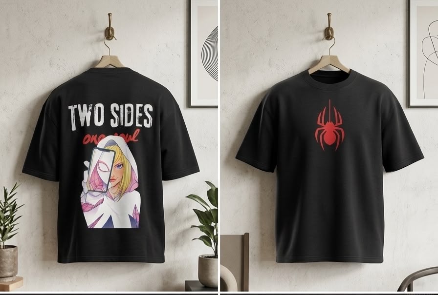 Spidy & Ghost Spider Oversized Graphic T-Shirt | 240 GSM French Terry Cotton | Black Anime Streetwear