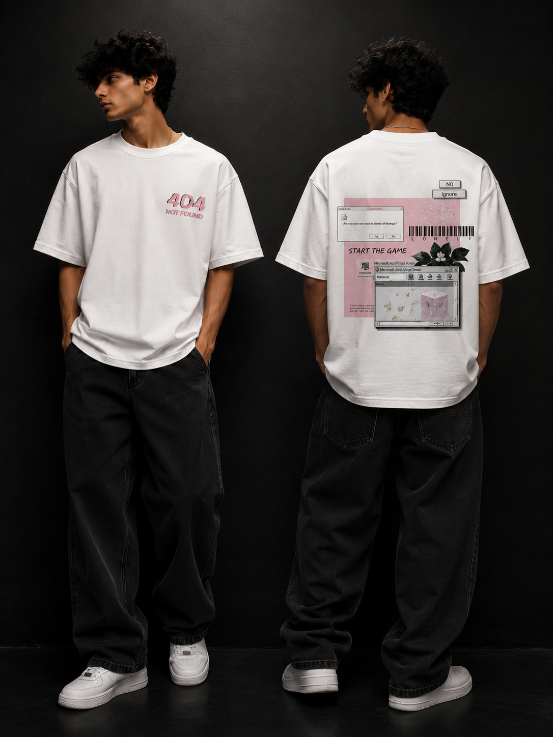404 Not Found Oversized Graphic T-Shirt | 240 GSM French Terry Cotton | Retro Glitch Streetwear (White/Black)