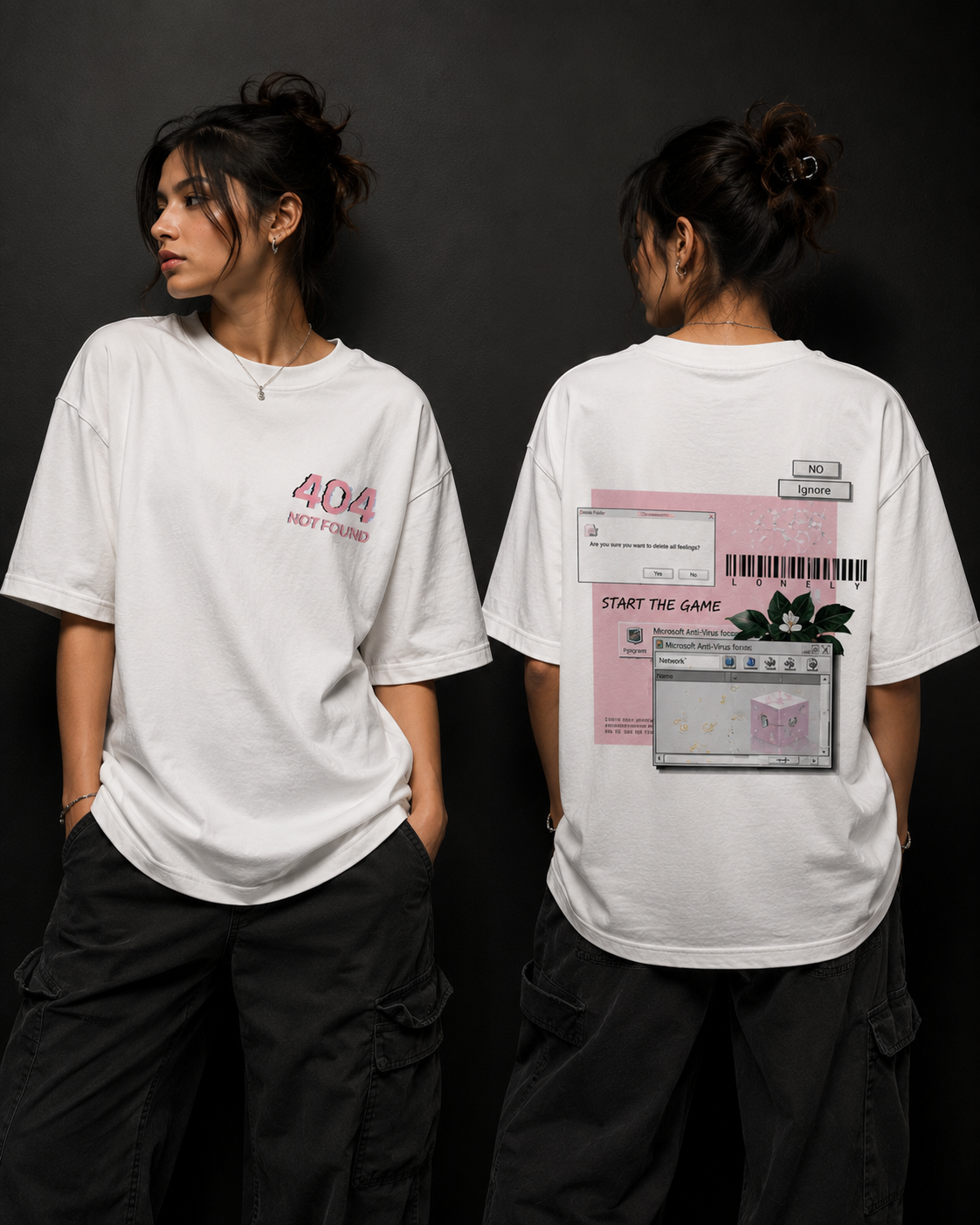 404 Not Found Oversized Graphic T-Shirt | 240 GSM French Terry Cotton | Retro Glitch Streetwear (White/Black)